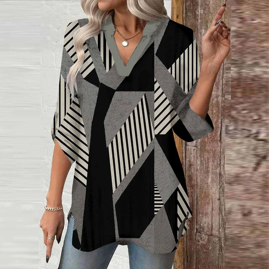 Women Geometric,  Black,  White DZGA0428 3/4 Sleeve V-neck Printed Graphic Button Tops
