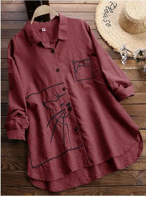 Plaid Cat Embroidery Long Sleeve Shirt