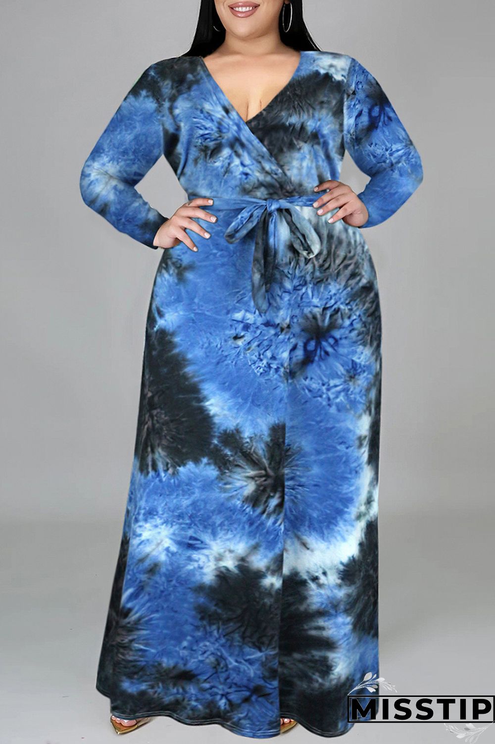 Cyan Fashion Casual Tie Dye Printing V Neck Long Sleeve Plus Size Dresses