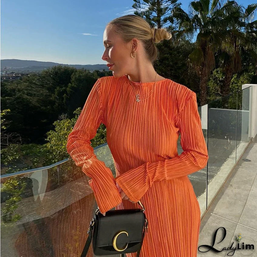 Autumn Office Pleated Slim High Waist Stretch Long Sleeve Pencil Maxi Dress Women