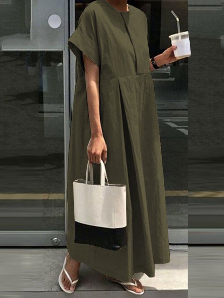 Solid Keyhole Back Loose Short Sleeve Crew Neck Maxi Dress - Shop Trendy Women's Clothing | LoverChic