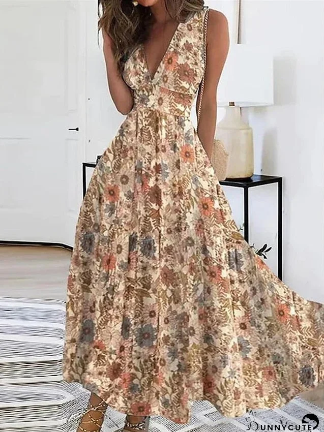 Long Dress Maxi Dress Casual Dress Swing Dress A Line Dress Floral Fashion Streetwear Daily Holiday Vacation Print Sleeveless V Neck Dress Regular Fit Black White Yellow Summer Spring S M L for Women