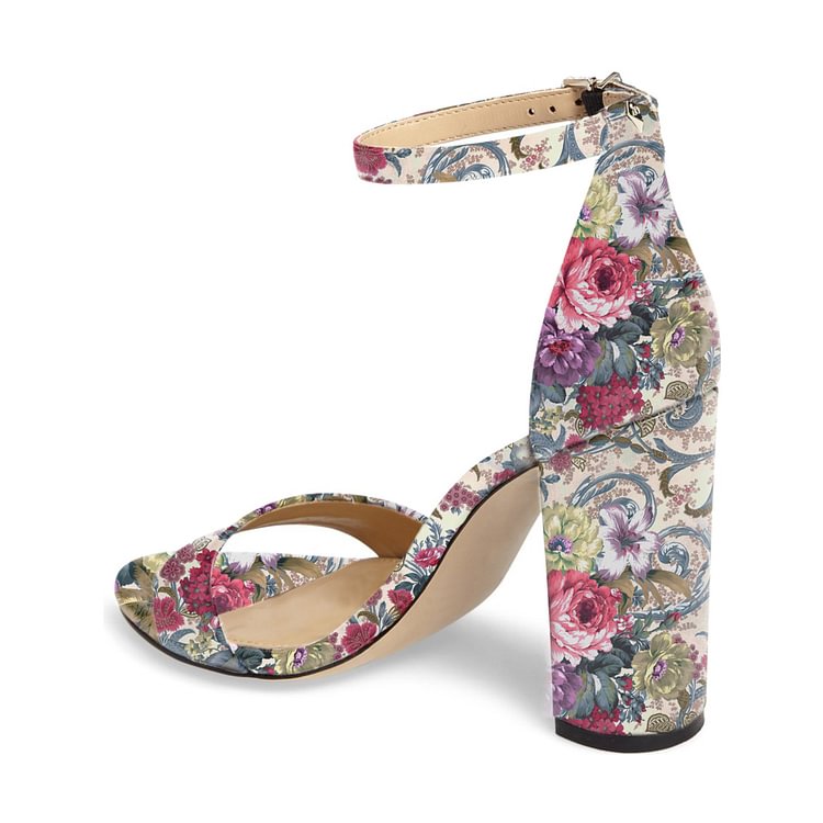 Floral Heels Ankle Strap Open Toe Women's Block Heel Sandals |FSJ Shoes