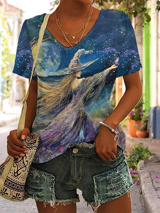 Womens Witch And Flowers Under The Full Moon Art Print T-Shirt