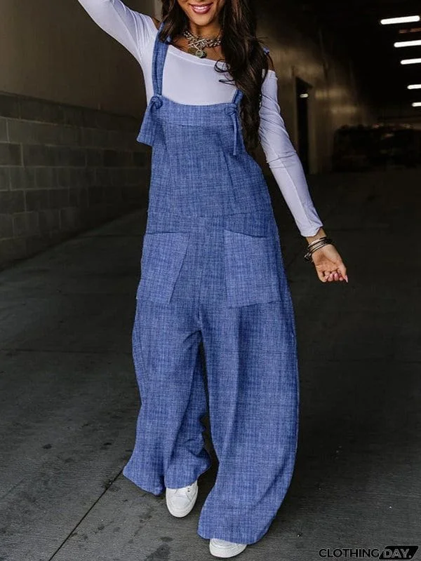 Loose Sleeveless Knot Pockets Split-Joint Overalls