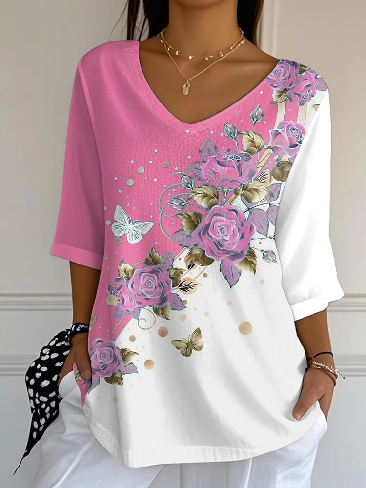 Women's Retro Breast Cancer Pink Floral Print Mid Sleeve T-shirt