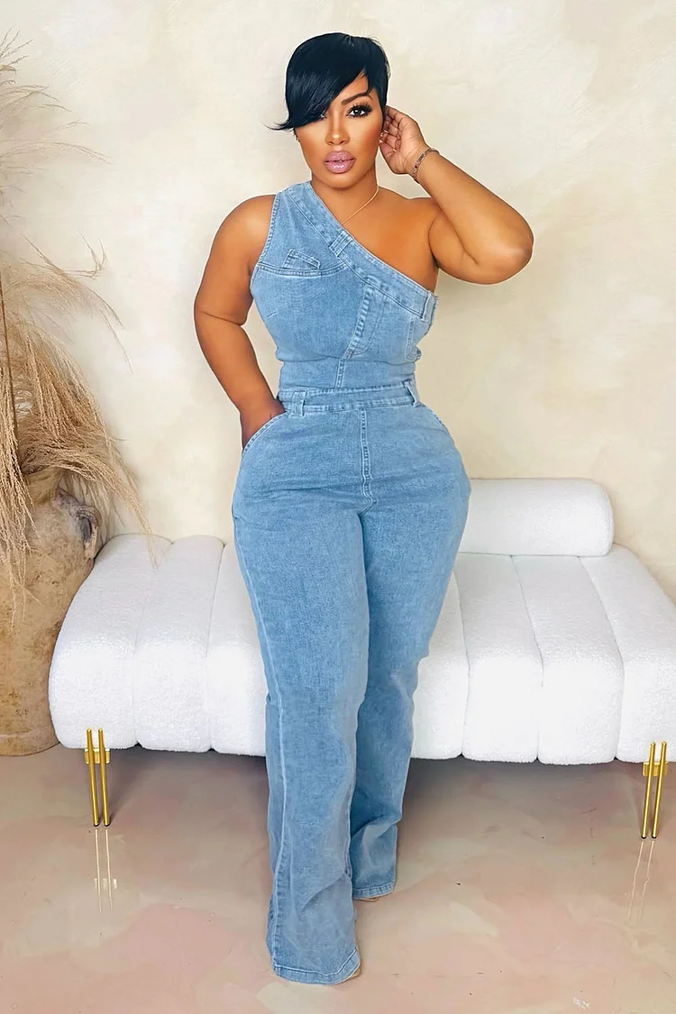 One Shoulder Sleeveless Cinch Waist Daily Denim Jumpsuit-Blue