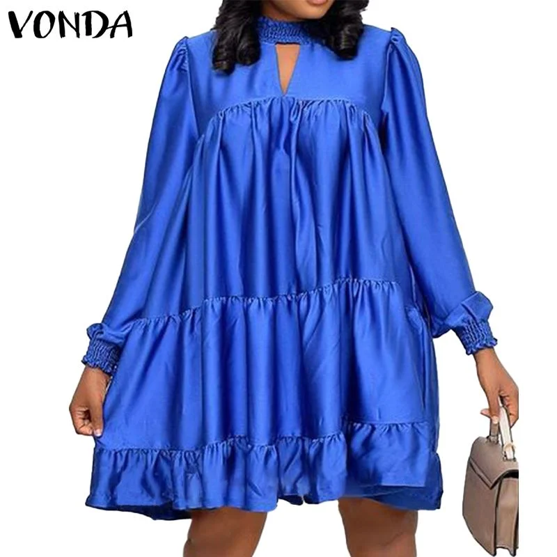 Women Satin Shirt Dress Elegant Knee-Length Dress 2022 VONDA Female Casual Solid Color Lace Long Sleeve Vestido  Robe