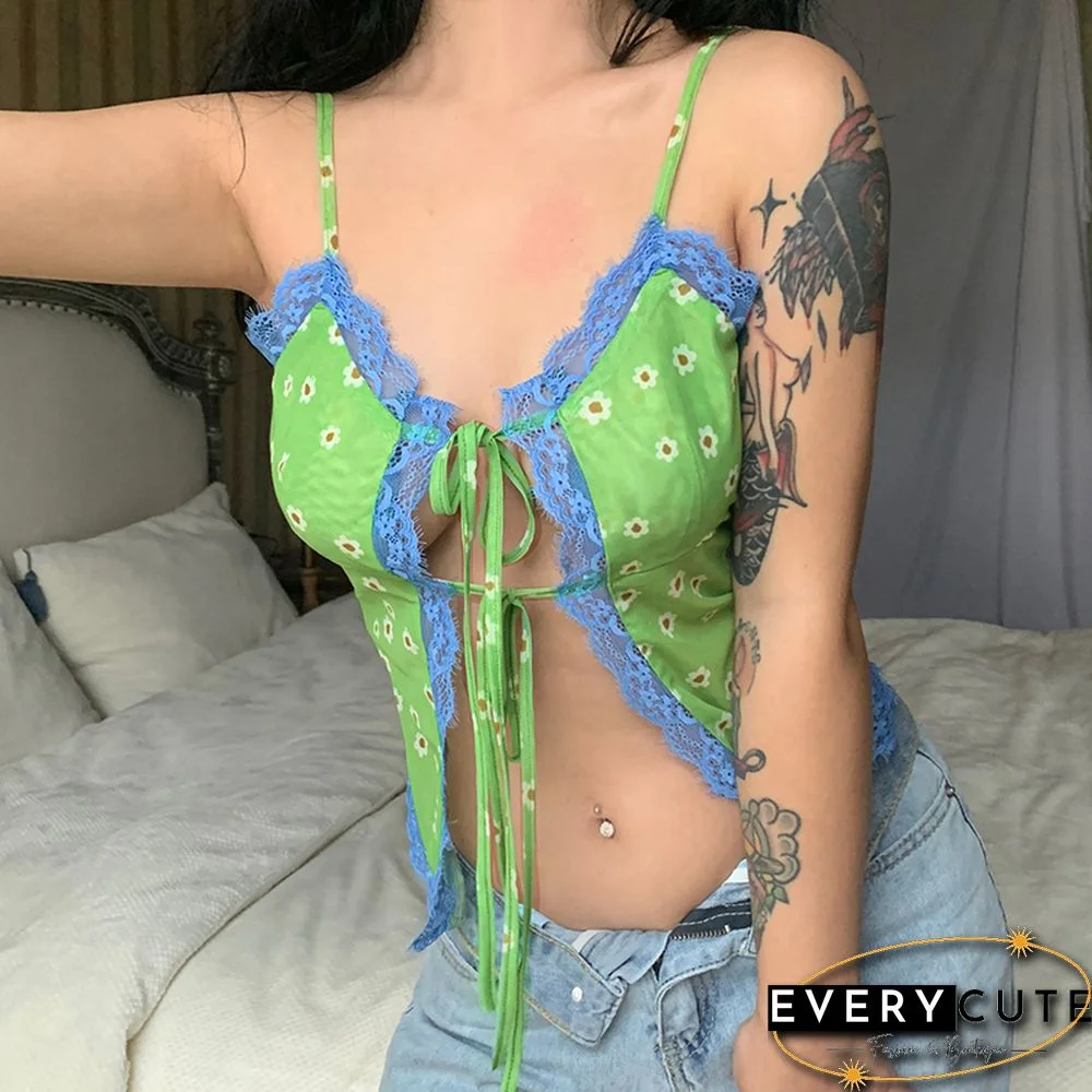 Hollow Out Lace Trim Top Sexy Cute Fairycore Green Summer Cropped Tops Y2k Floral Print Kawaii V Neck Tie Up Cami