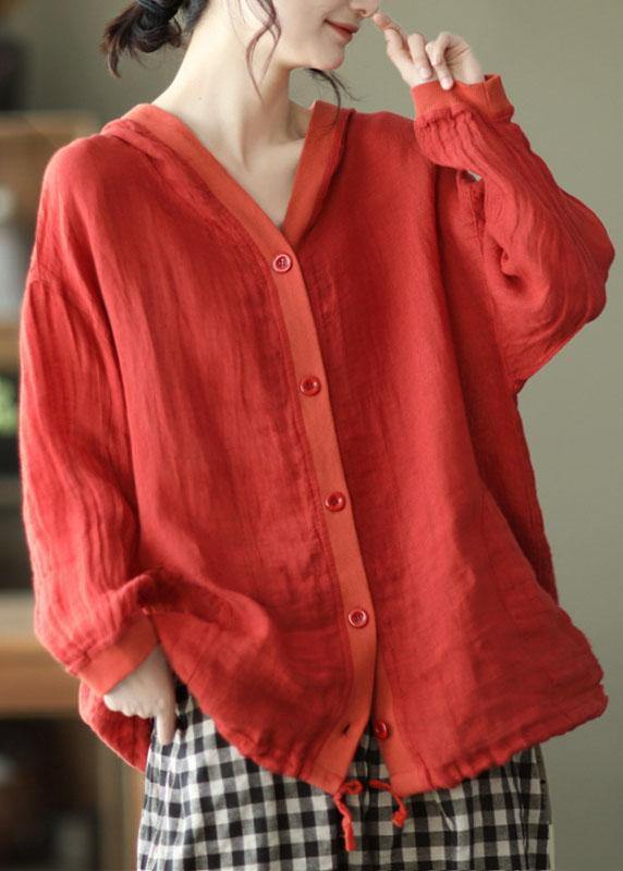 VCSHOES Red Button hooded Ramie Long sleeve Shirt Tops