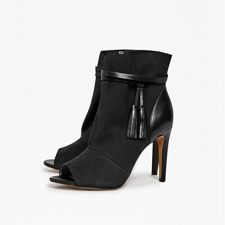 Black Tassels Fashion Boots Peep Toe Suede Stiletto Heel Ankle Booties |FSJ Shoes