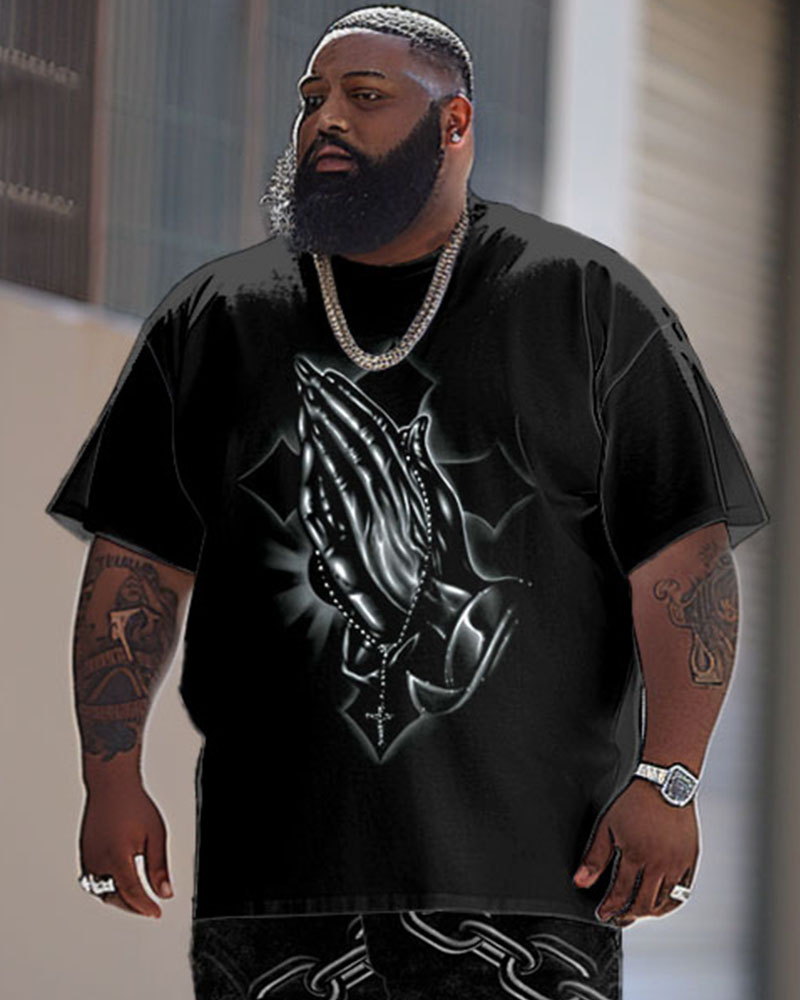 Men's Large Street Casual Prayer Cross Faith Print T-Shirt Trousers Set