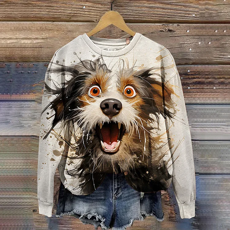 Cute Puppy With Exaggerated Expression Ink And Watercolor Animal Art Casual Sweatshirt