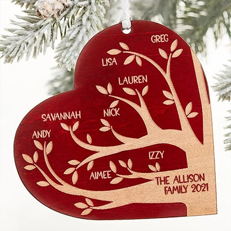 Heart Family Tree Ornament Personalized 10 Names Wooden Ornament