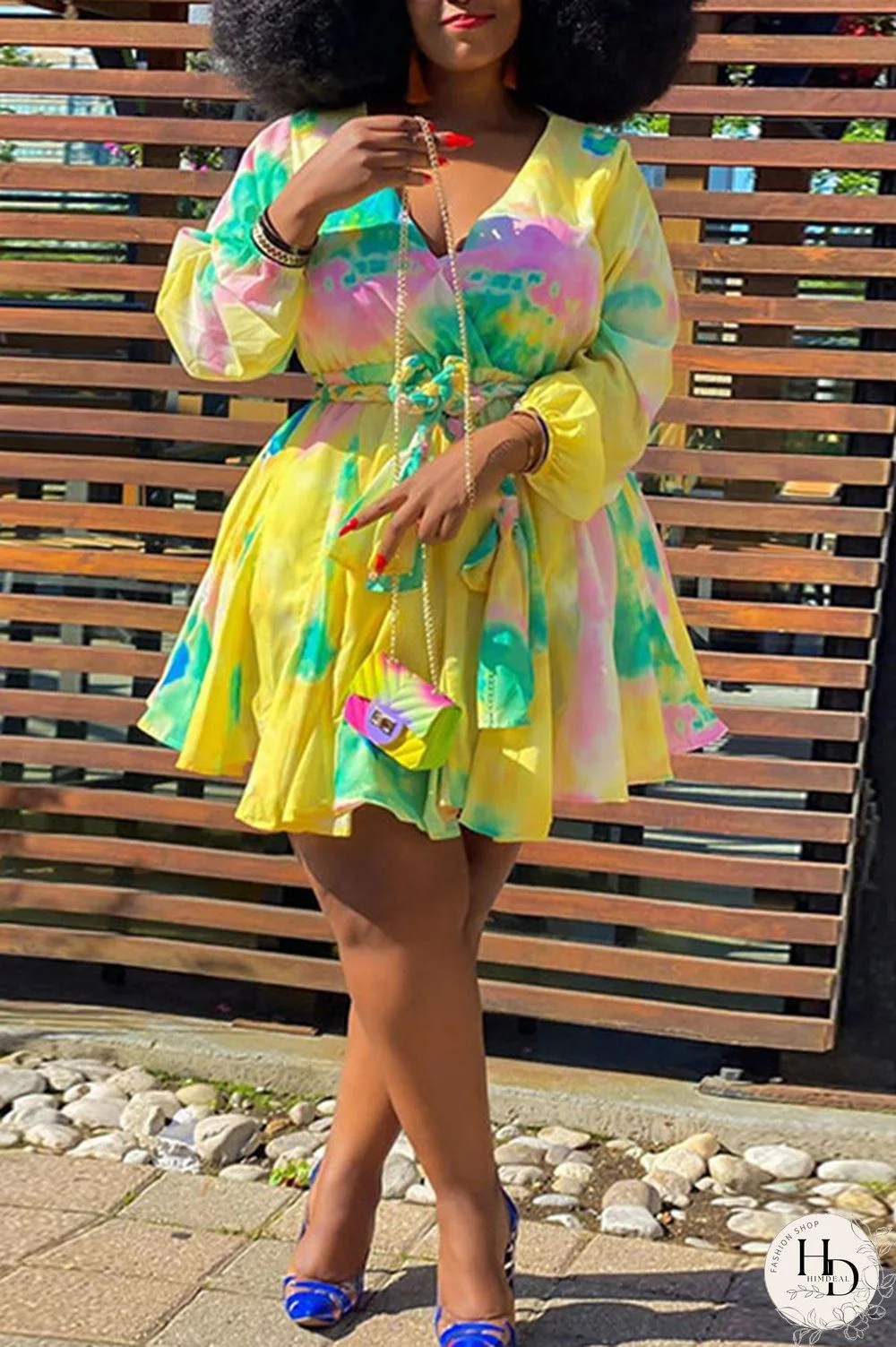 Yellow Sexy Print With Belt V Neck A Line Plus Size