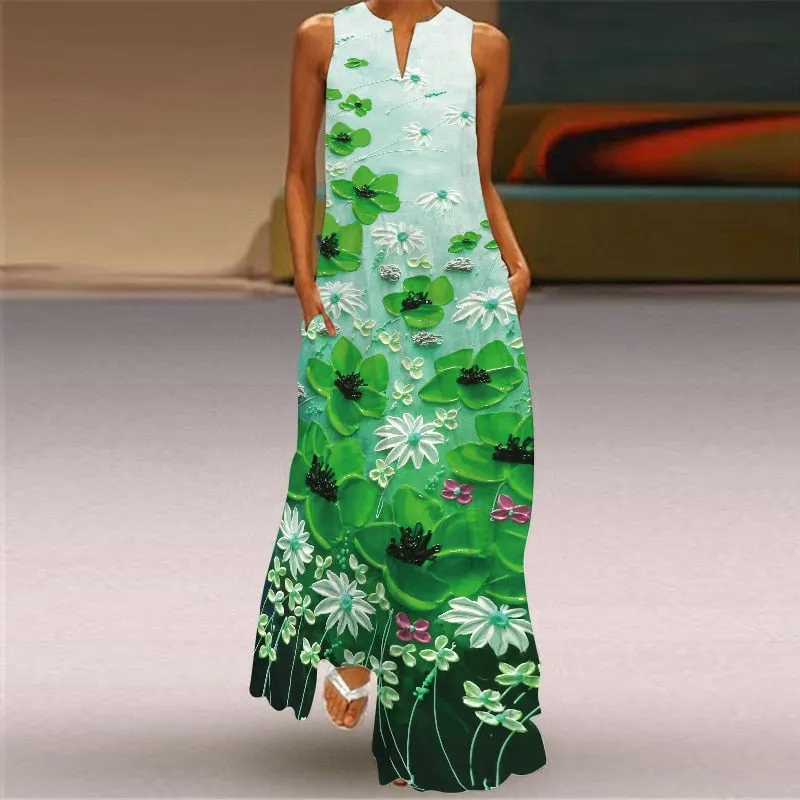 Bohemian Printed Sleeveless Maxi Dress Women Casual V-neck Robe Dresses Female Plus Size Beach Holiday Dress