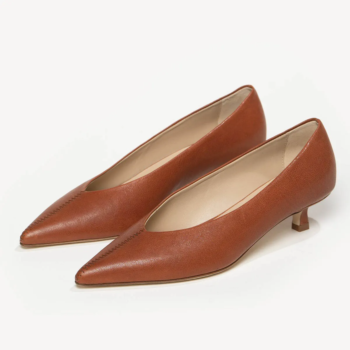 Women's Brown Faux Leather Pointed Toe Stitching Low Heel Pumps Nicepairs