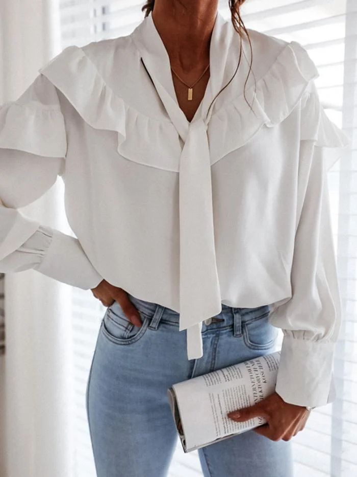 Work Bowknot Stand Collar White  Blouses