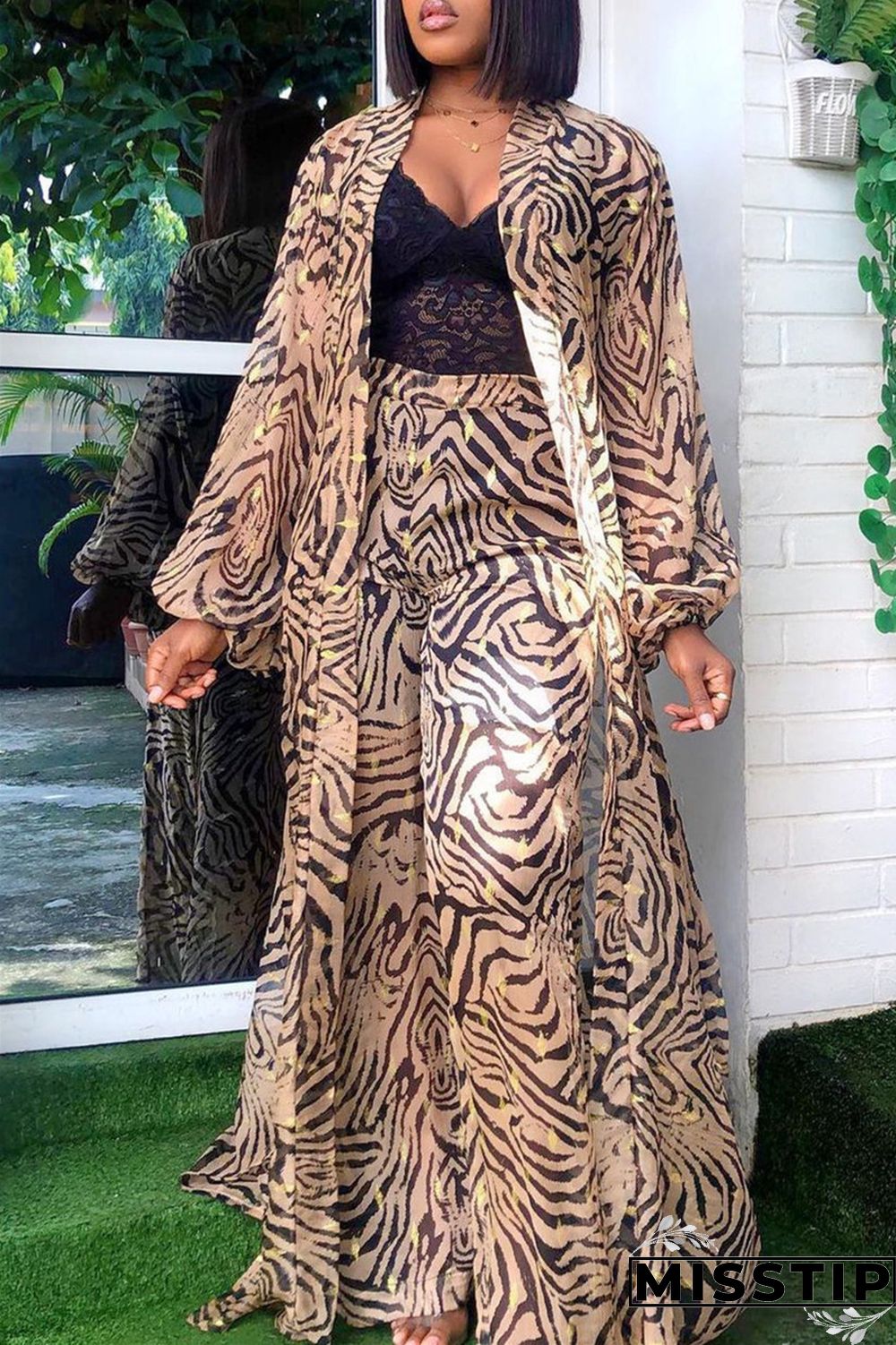 Blue Fashion Casual Print Slit V Neck Long Sleeve Two Pieces