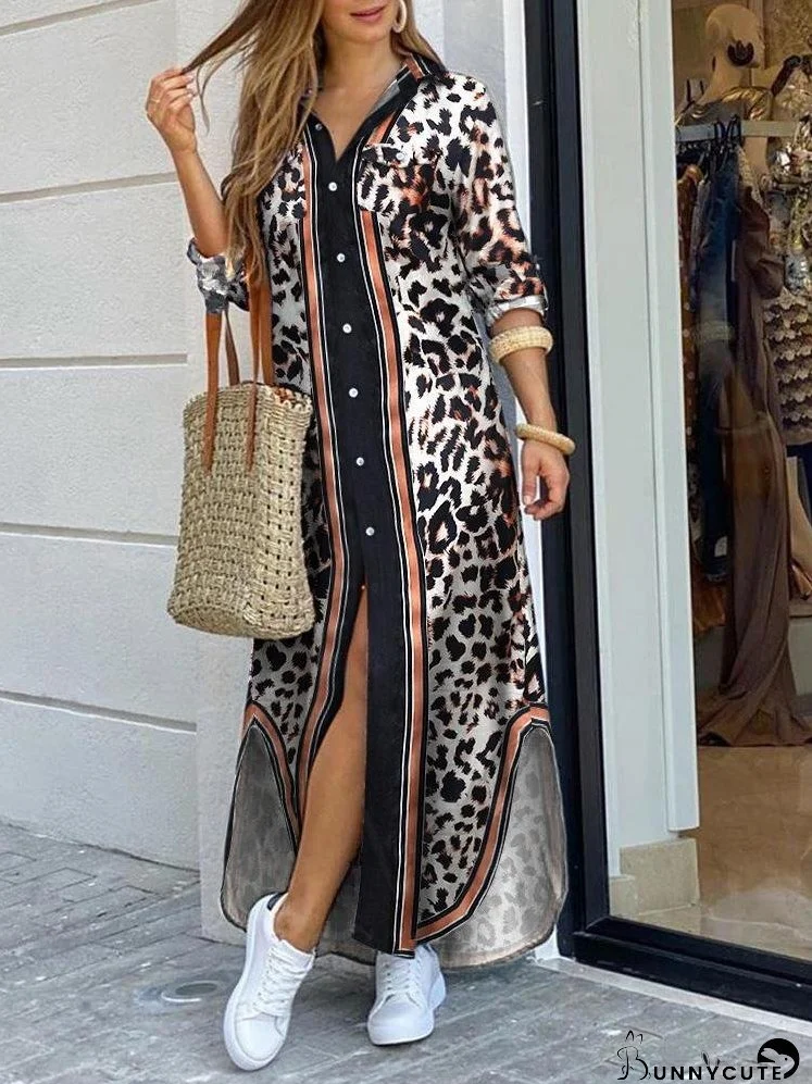 Dresses Leopard Print Long Sleeve Shirt Dress for Women