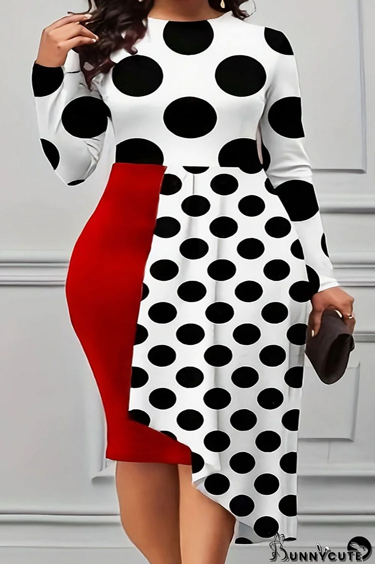 Red Casual Print Patchwork O Neck Long Sleeve Plus Size Dresses