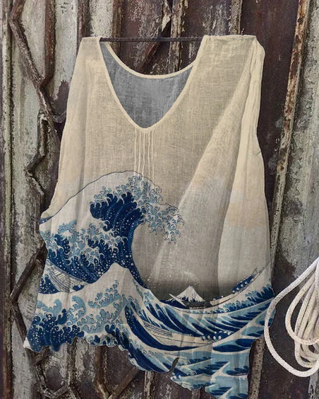The Great Wave of Kanagawa Linen Tunic Shirt