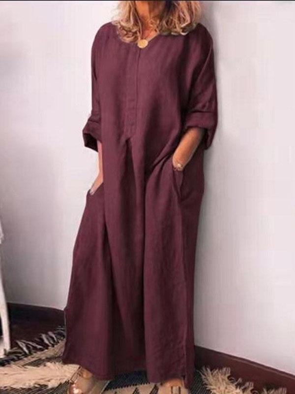 Cotton And Linen Solid Color Loose Long Sleeve Dress-Mayoulove