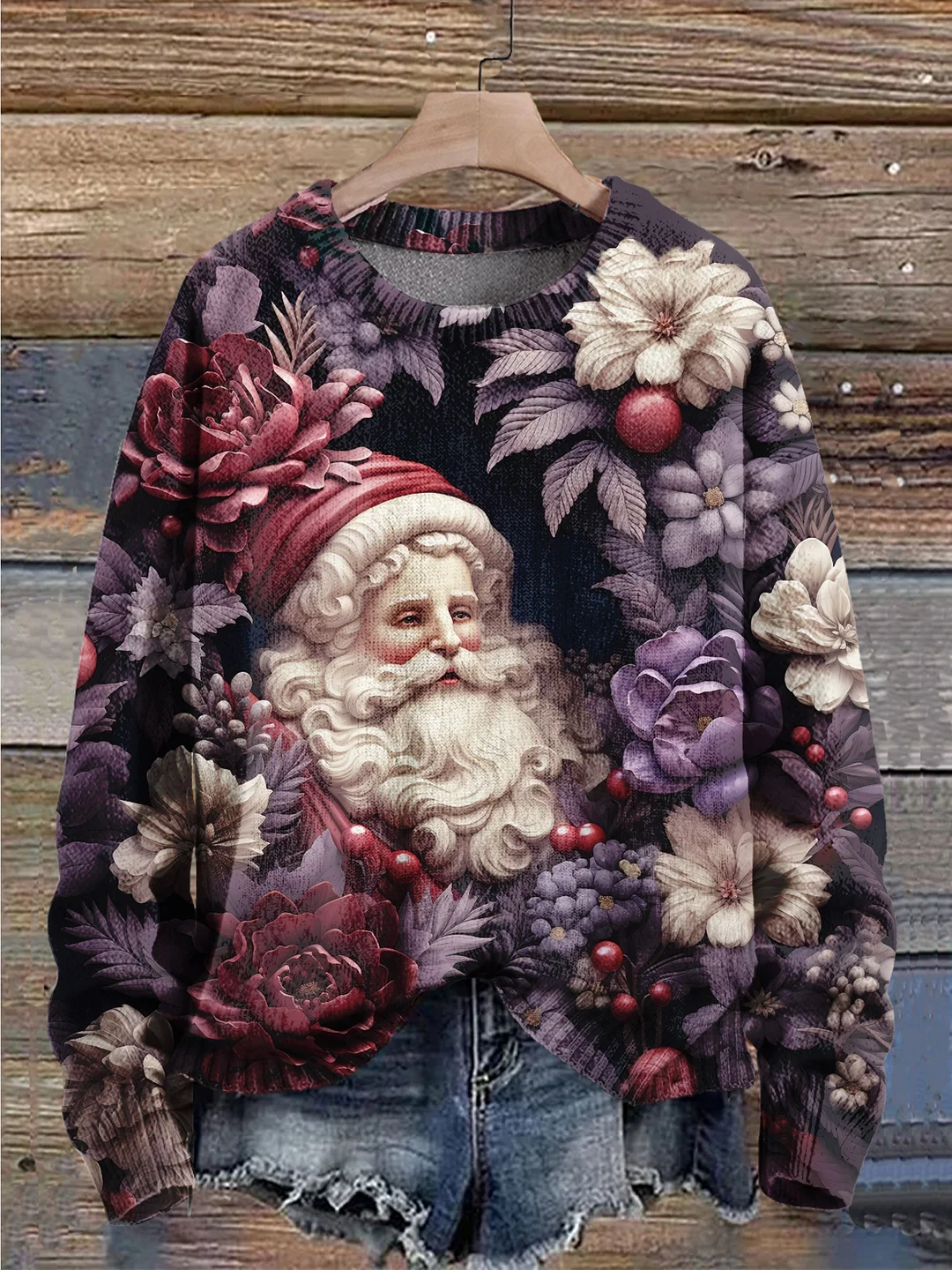 Christmas Santa Claus With Flowers Art Print Knit Pullover Sweater