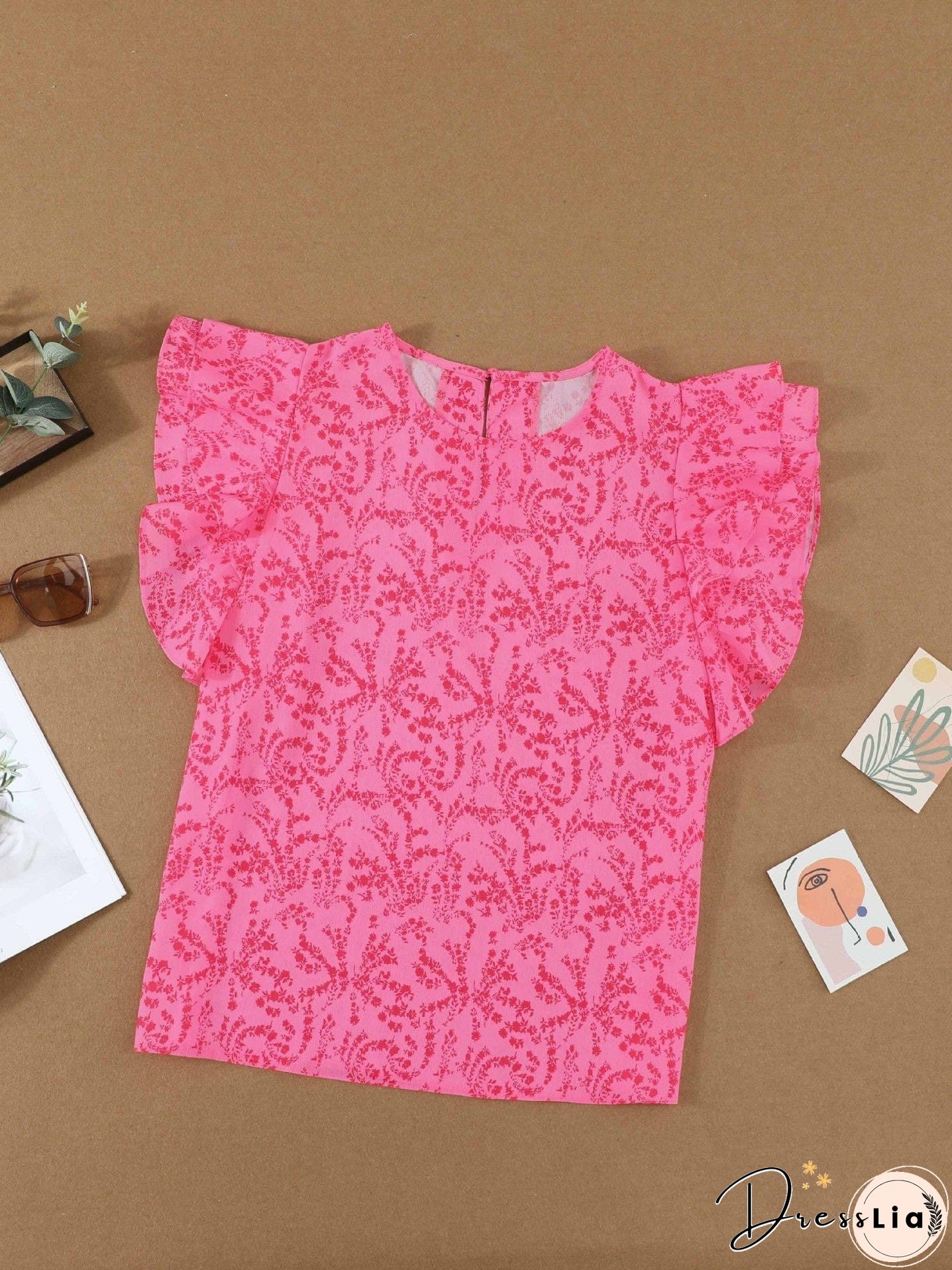 Feifei Floral Chiffon Printed Round Neck Shirt For Women