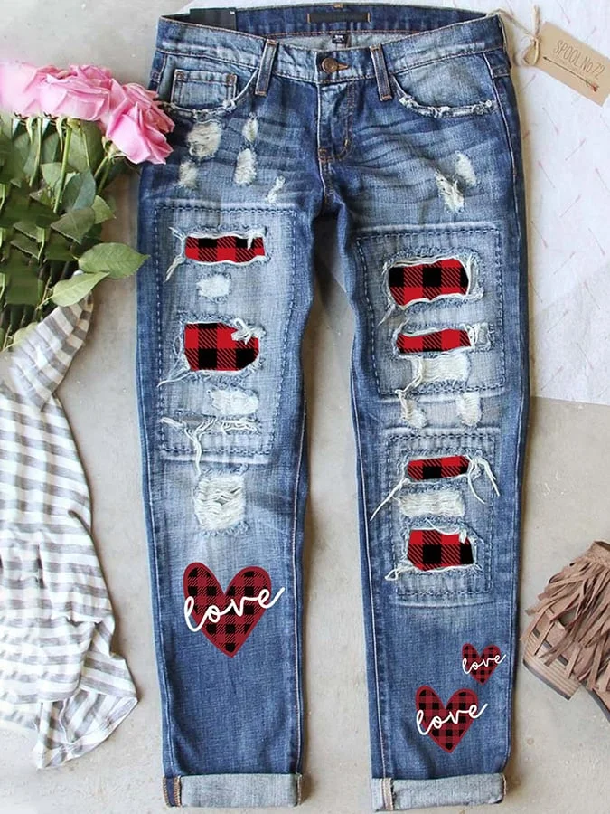 Women's Plaid Heart Ripped Jeans