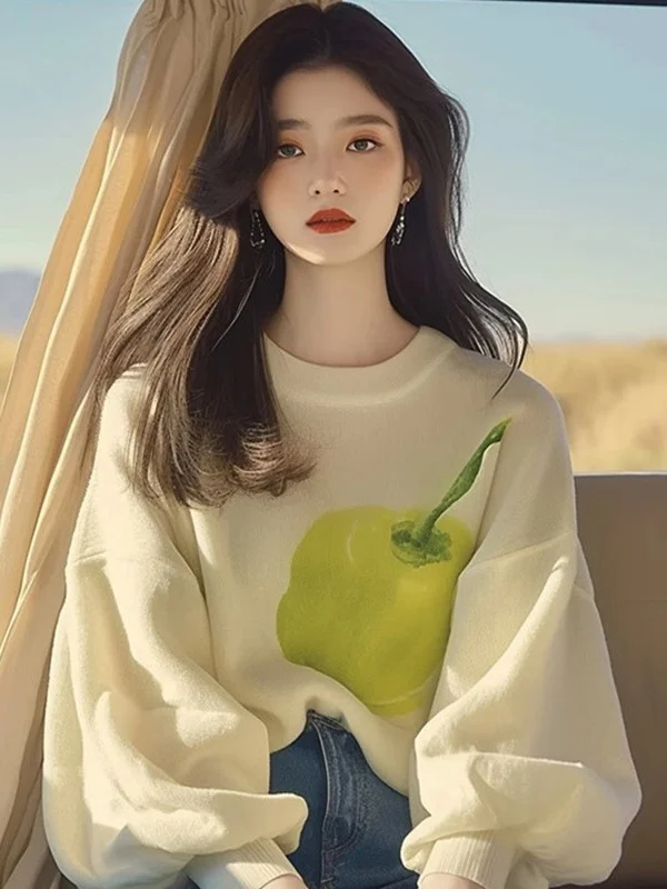 Athvotar Athvotar Year's Popular Beautiful Sweater Niche Loose Thin Lazy Wind Apricot Print Knitted Bottom Shirt Woman