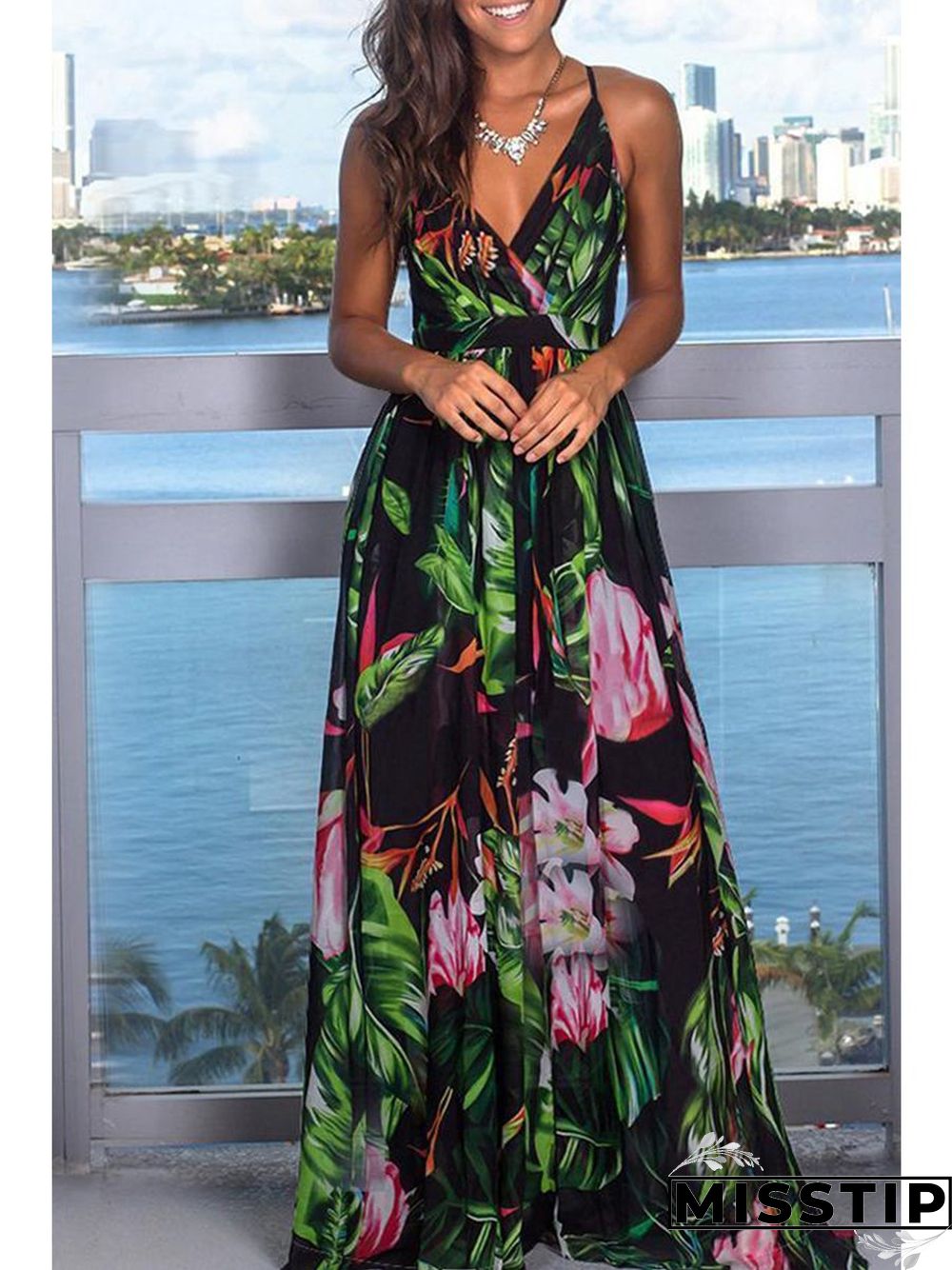 Beach Sling Leak Back Flower Print Maxi Dress P10165