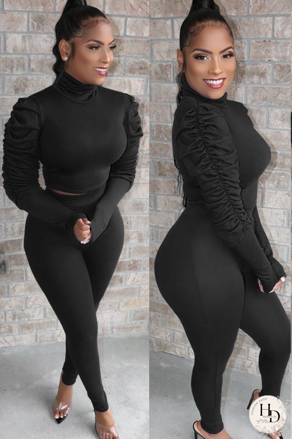 Black Polyester Casual Two Piece Suits Solid pencil Long Sleeve Two-piece Pants Set