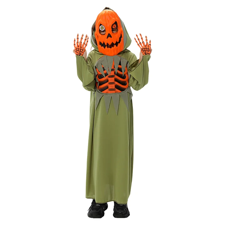 Kids Children Pumpkin Skelenton Green Hood Outfits Halloween Horror Cosplay Costume Carnival Suit