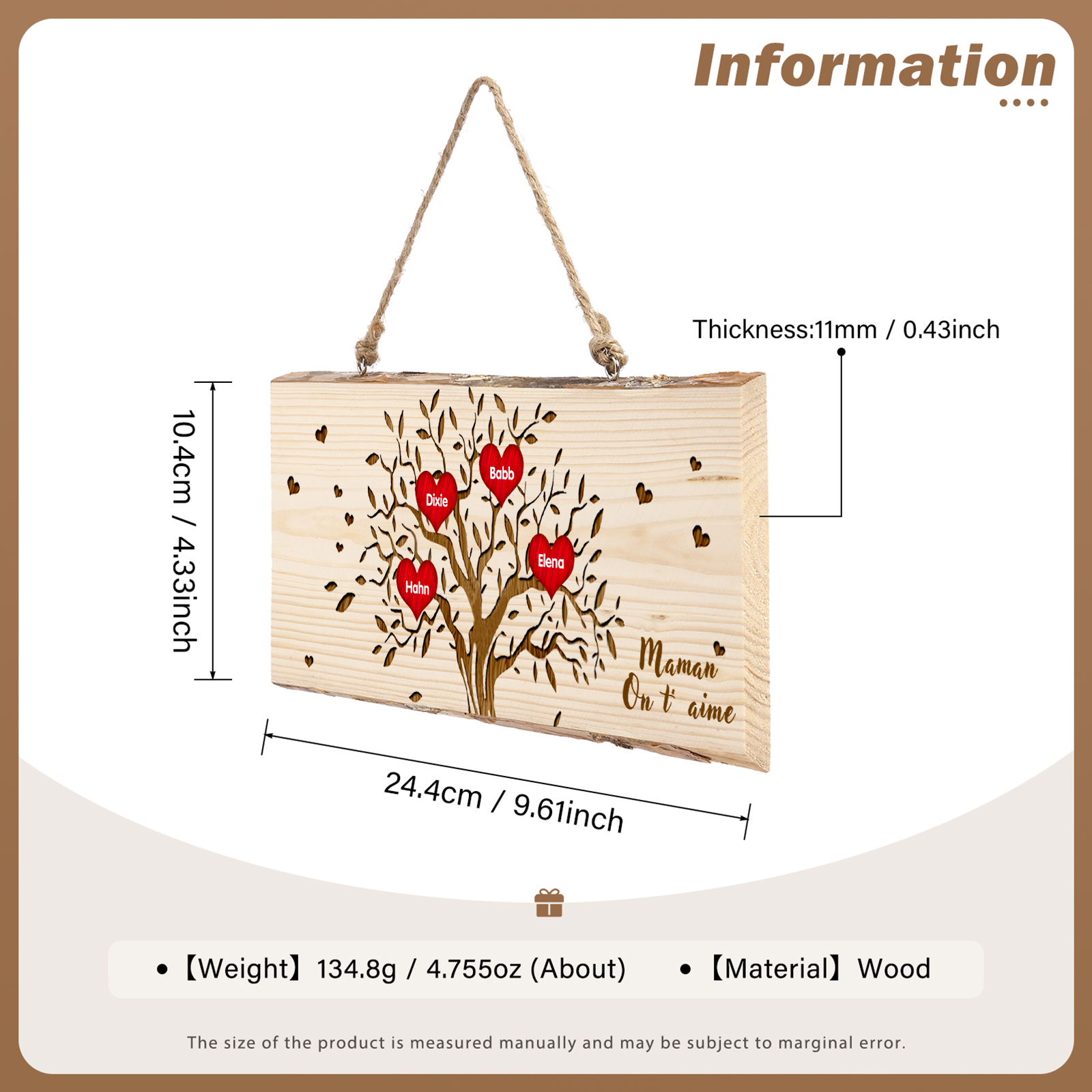 Décoration en bois Arbre de Vie 2-6 Prénoms Personnalisés avec Texte pour Famille Peinture Décorative