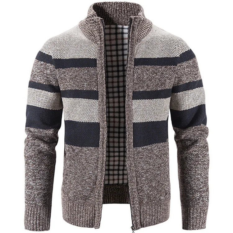 Men's Outdoor Warm Colorblock Fleece Stand Collar Knit Jacket Cardigan