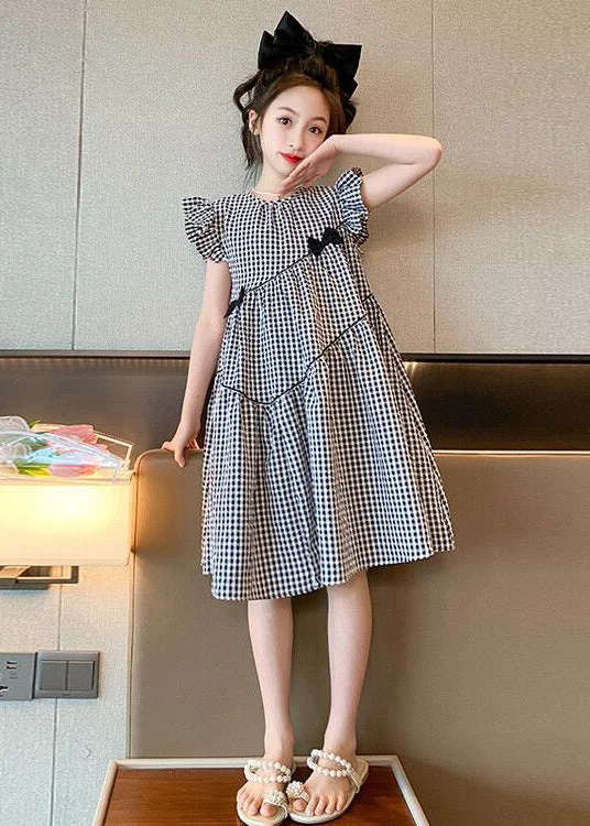 French Plaid O-Neck Patchwork Cotton Girls Dresses Summer