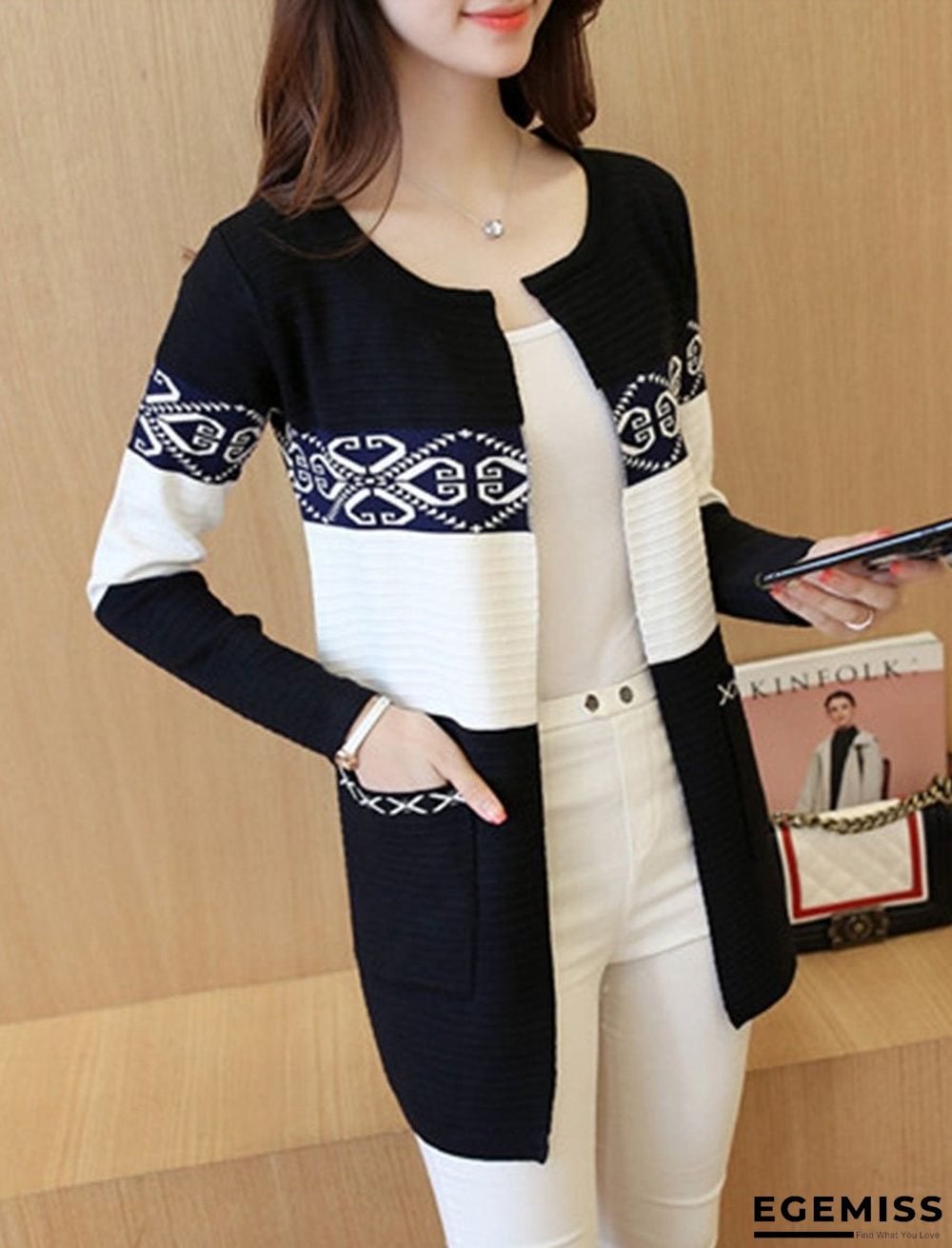 Color Block Printed Patch Pocket Cardigan | EGEMISS