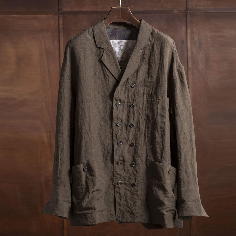 Men's Brown Linen Double Breasted Shirt Jacket