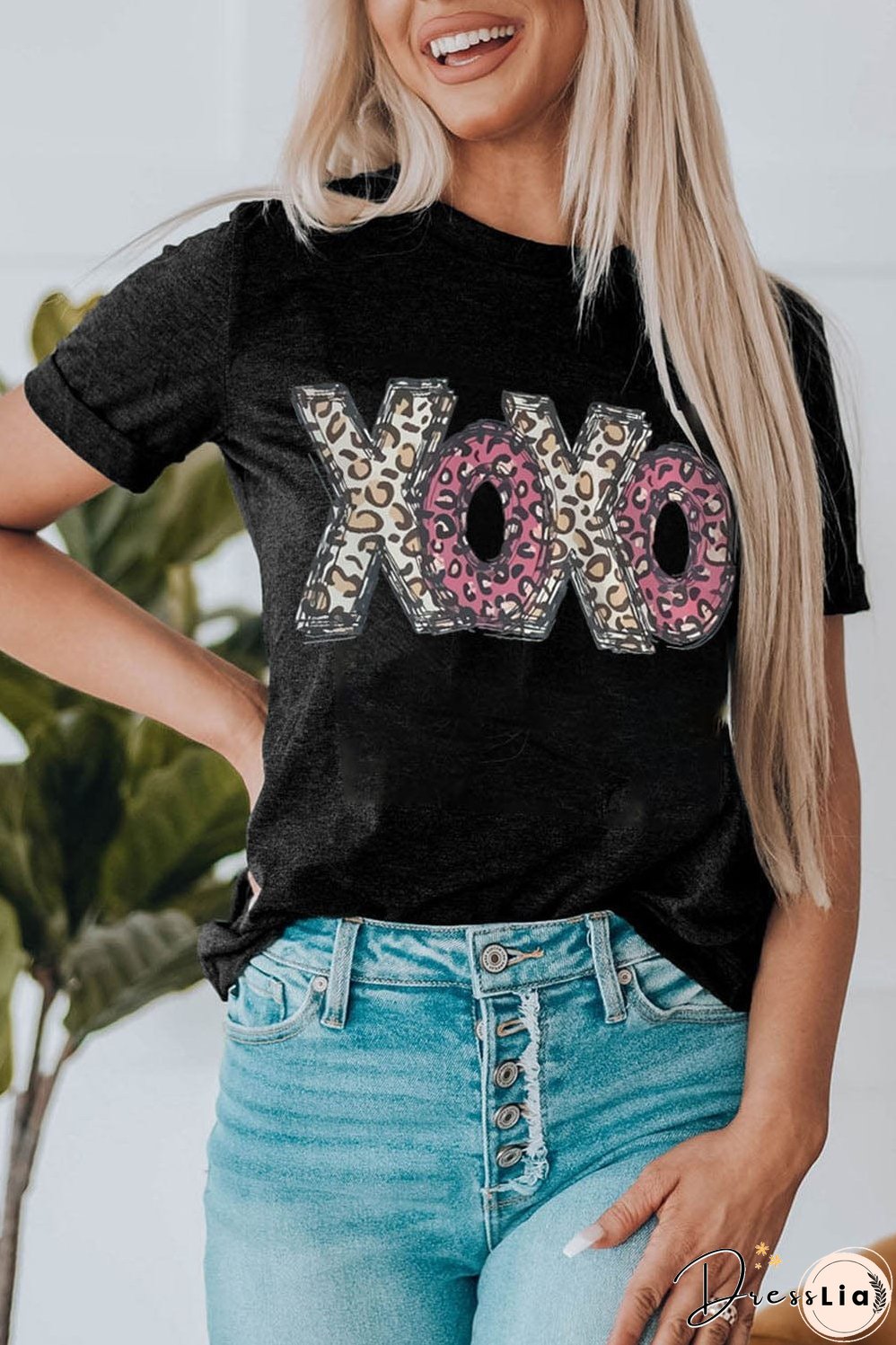 Black and Leopard Print XOXO T-Shirt, Casual Wear