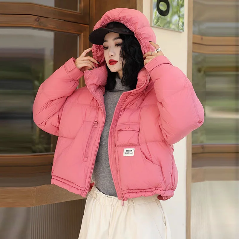 Woherb Hooded Down Bread Suit Women's 2024 Winter Fashion Design Sense Pocket Thick Warm White Duck Down Casual Jacket-Outfit Ideas
