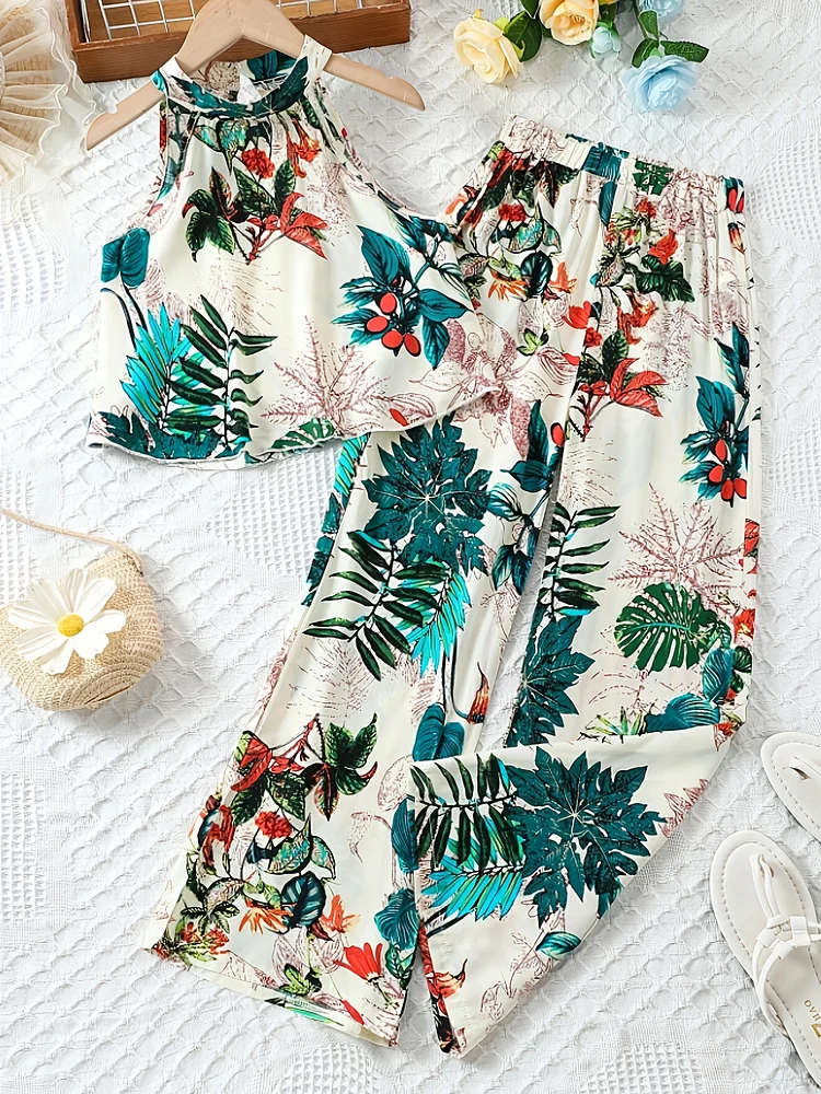 Stylish Tropical Print Women's Suit Elegant Casual Resort Style Short Button- Cardigan Elastic Waist Headed Pants Spring/Summer Outfit