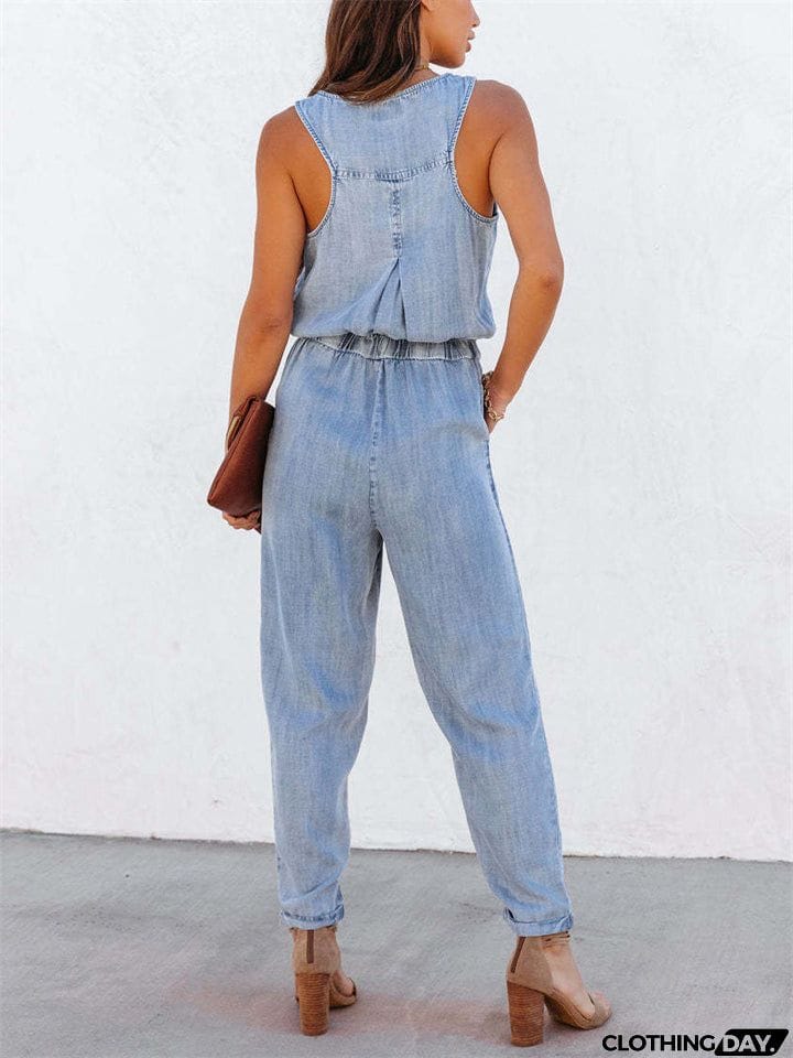 Women's Trendy U Neck Sleeveless Elastic Waist Loose Denim Jumpsuits