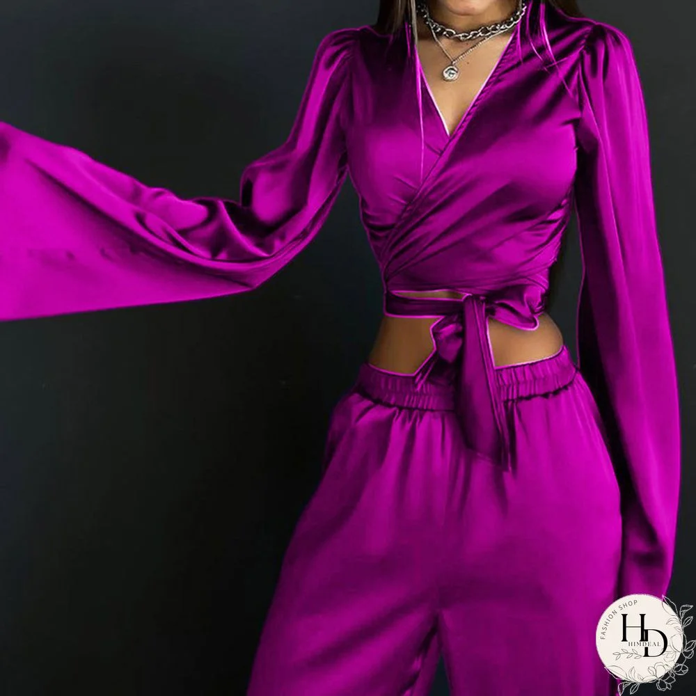 Spring Autumn Solid Satin Women Sets Sexy Wrap V Neck Bandage Crop Top & Elastic Waist Pants Suit Elegant Two-piece Outfits