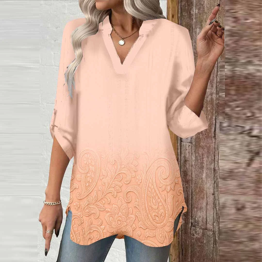 Women Pink, Floral, Retro DZGA0536 3/4 Sleeve V-neck Printed Graphic Button Tops