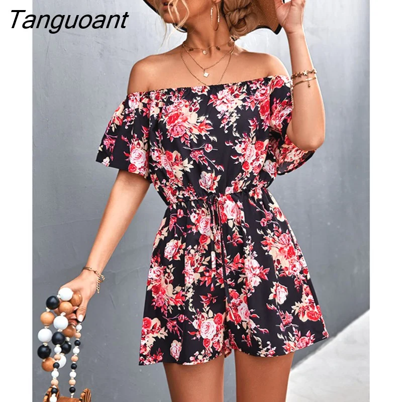 Tanguoant Fashion Floral Jumpsuit Women Playsuit Sexy Off Shoulder Jumpsuits-shorts Casual Wide Leg Pants Print Jumpsuit Female