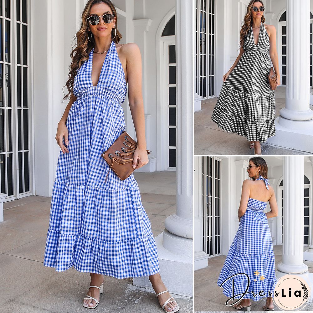 Sexy Dress For Women Summer New Casual Bohemian Holiday Ruffle Hem Plaid Long Backless