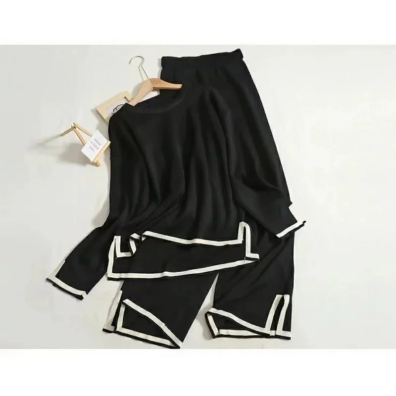 Uveng Uveng Autumn Dress New Temperament Bumpy Fork Long-Sleeved Knitted Shirt High Waist Thin Leg Trousers Two Sets