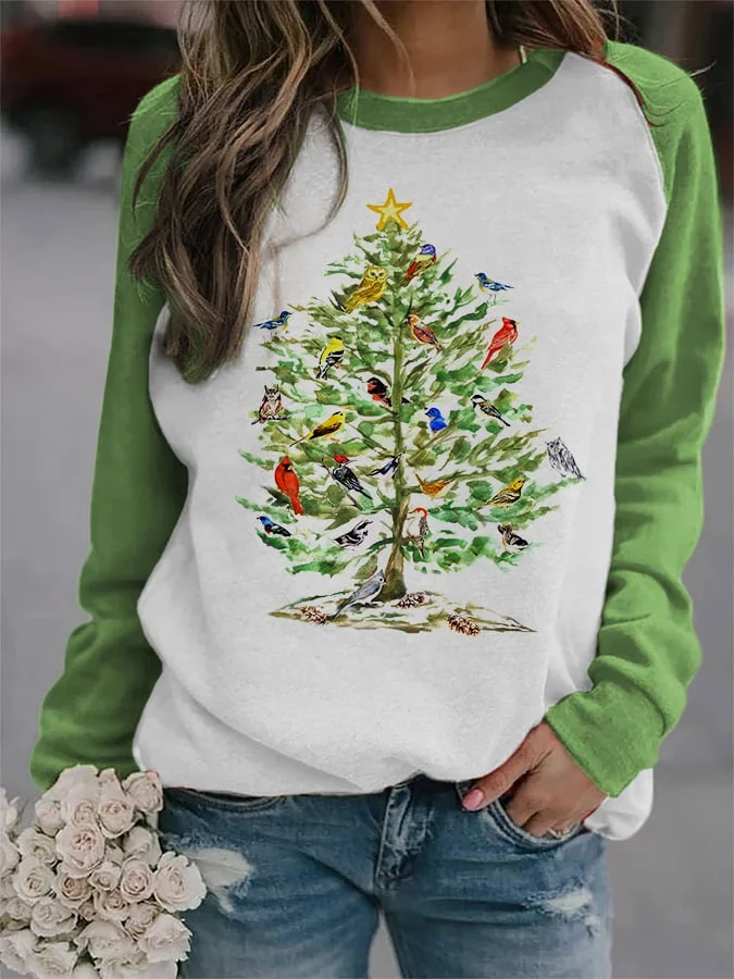 Women's Birdie Christmas Tree Print Sweatshirt-mysite