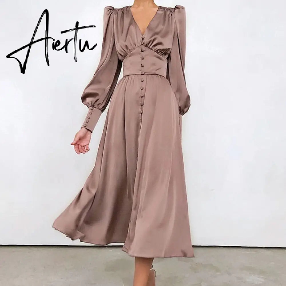 Satin Long Dress Women Puff Sleeve Spring V-Neck Party Pleated Dress Casual Elegant Bodycon Dress Ladies Chic Ruched Dresses Aiertu